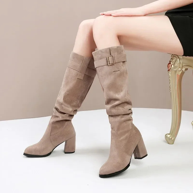 Female Shoes on Sale High Quality Sleeve Womens Boots Winter Pointed Toe Suede Solid High Tube Chunky Heels Fashion Boots 241114