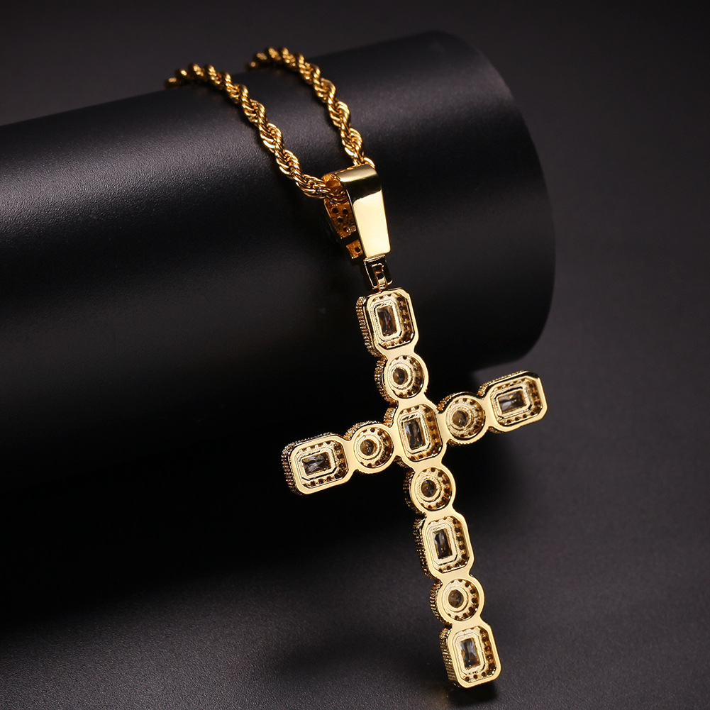 Hip Hop High Quality Big Cross Pendant Necklace 5A Round Big Zircon Rap DJ Mens Religious Jewelry