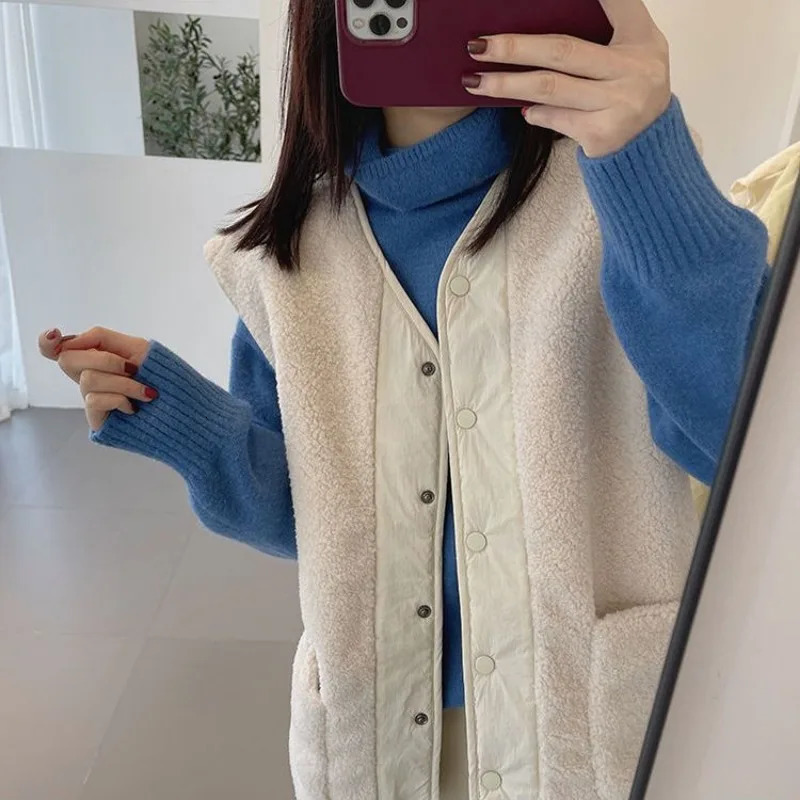 Lambswool vest spring and autumn double-sided solid loose fit fully matched sleeveless casual style simple Korean style 241126