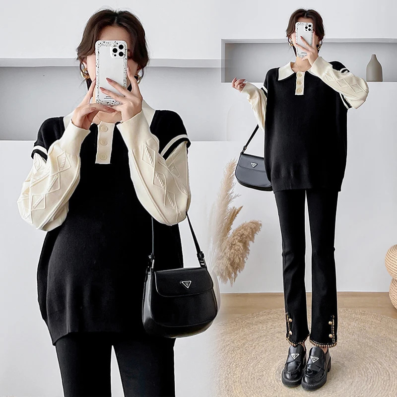 Winter Pregnant Womens Sweater Blocks Color Patching Work Collar Pregnant Womens Knitting Thread Fashion Pregnant Womens Knitting 241126