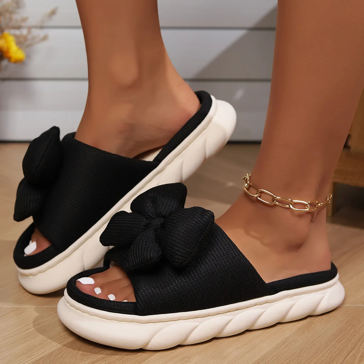 Fashion bow linen home slider womens thick soled anti slip house cotton shoes womens flat shoes platform indoor slider 2024 241126