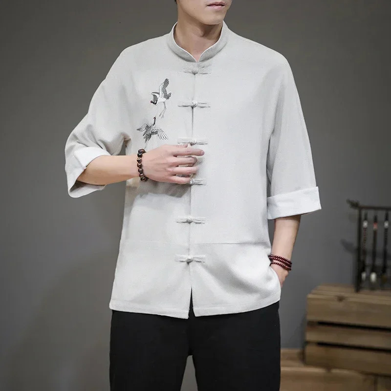 Crane embroidered shirt traditional Chinese retro mens half sleeved linen solid Madarin collar Hanfu Kungfu cardigan 241126