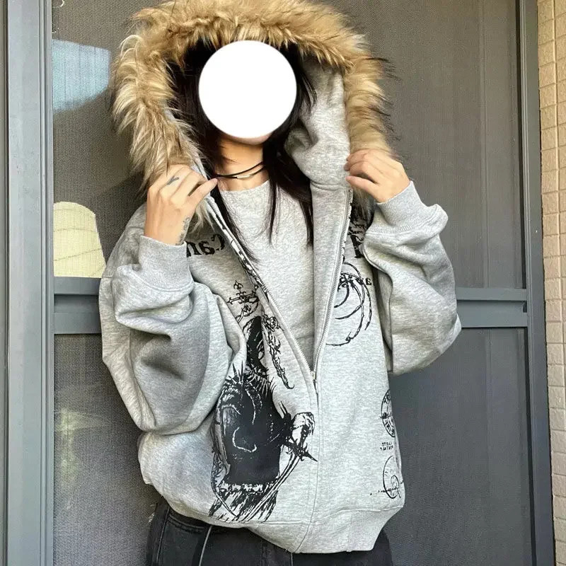 Y2K Neo Gothic Printed Hip Hop Fashion Elements Hoodie Loose Large Leather Collar Thick Coat Harajuku Jacket 241126