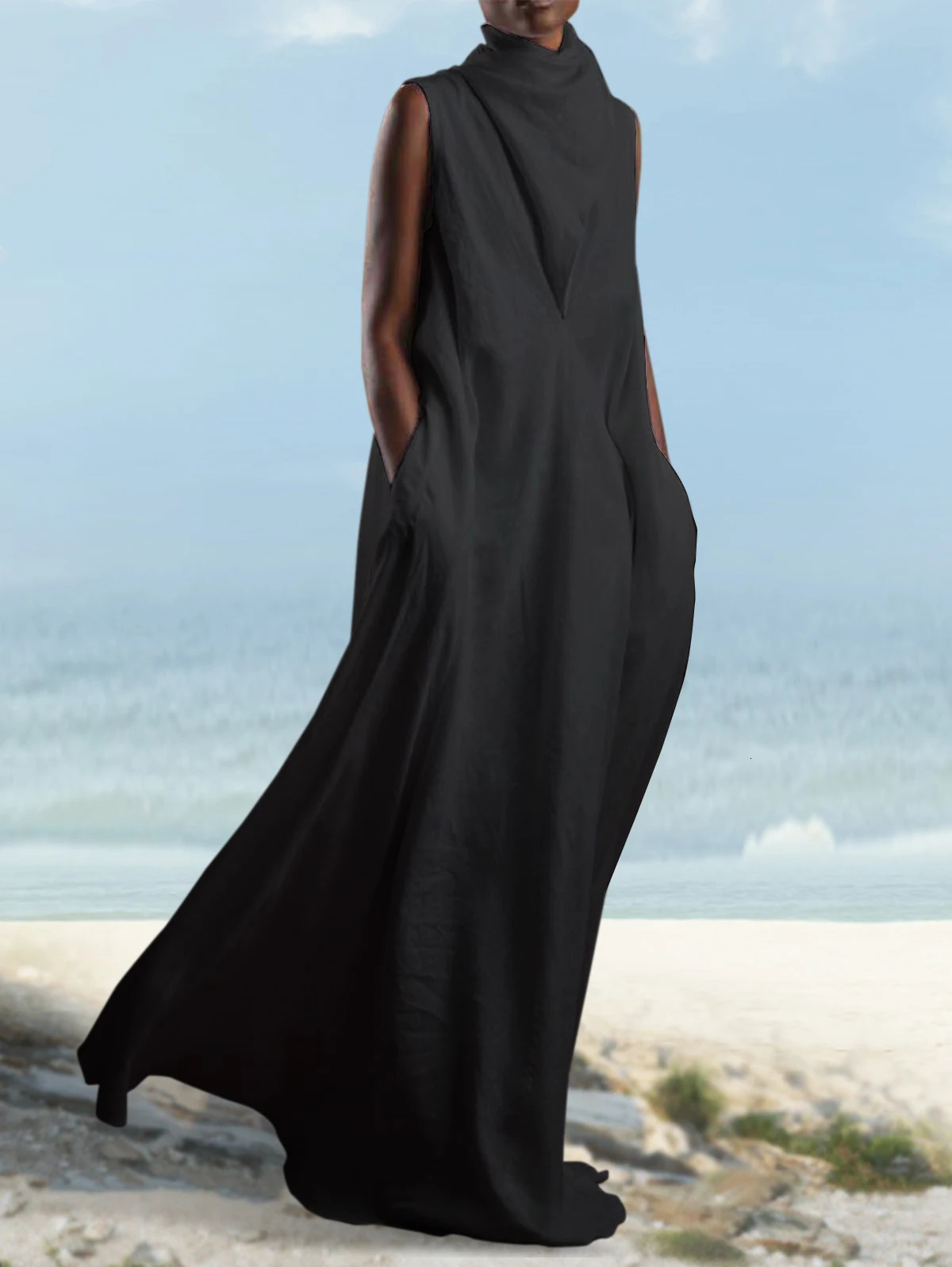 Women Fashion Linen Dresses Elegant Plain Deep V Neck Sleeveless Flowy Maxi Dress Casual Long Streetwear 241112