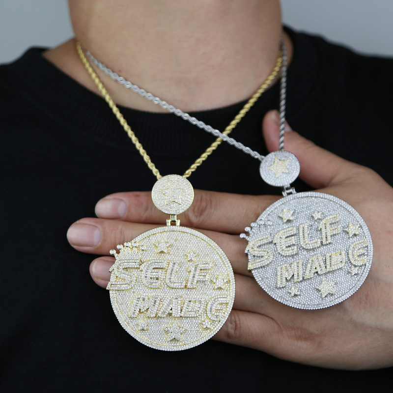 Hip Hop Large Round Plate SELFMANG Letters Pendant Mens Jewelry Full 5A Zircon Rap Jewelry