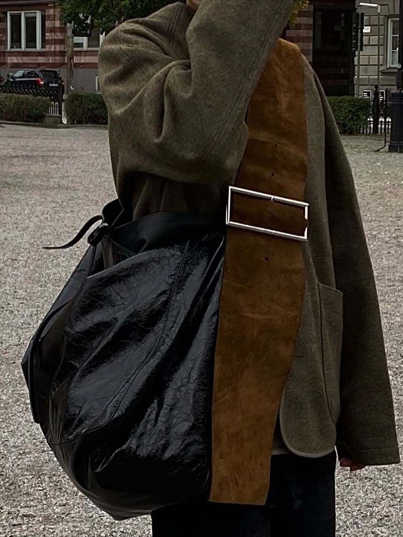 HIGHREAL Vintage Solid Color big Leather Women Fashion Shoulder Sg Simple Wide Strap Bucket Crossbody Bag