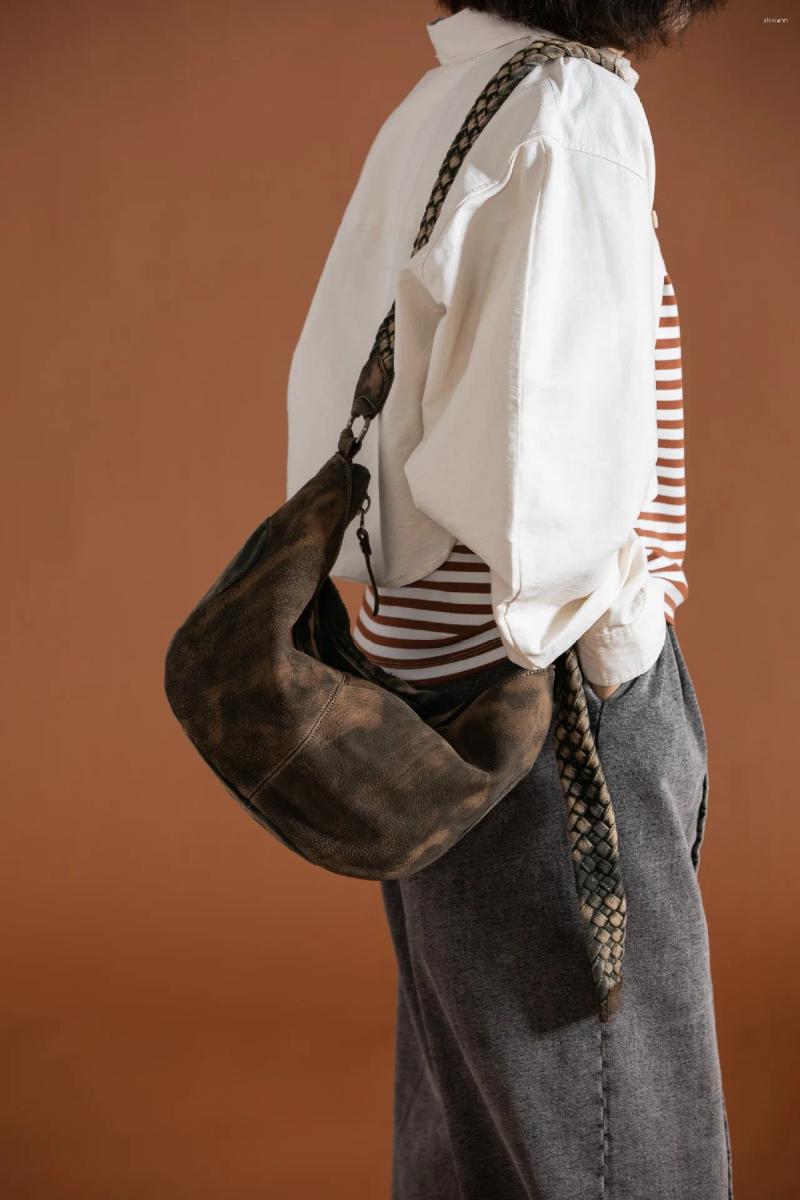 Totes Niche Design Original Retro Washed Bag Hand-woven Shoulder Strap Spliced Cowhide One-shoulder Cross-body Tote For Women zhanyishengli