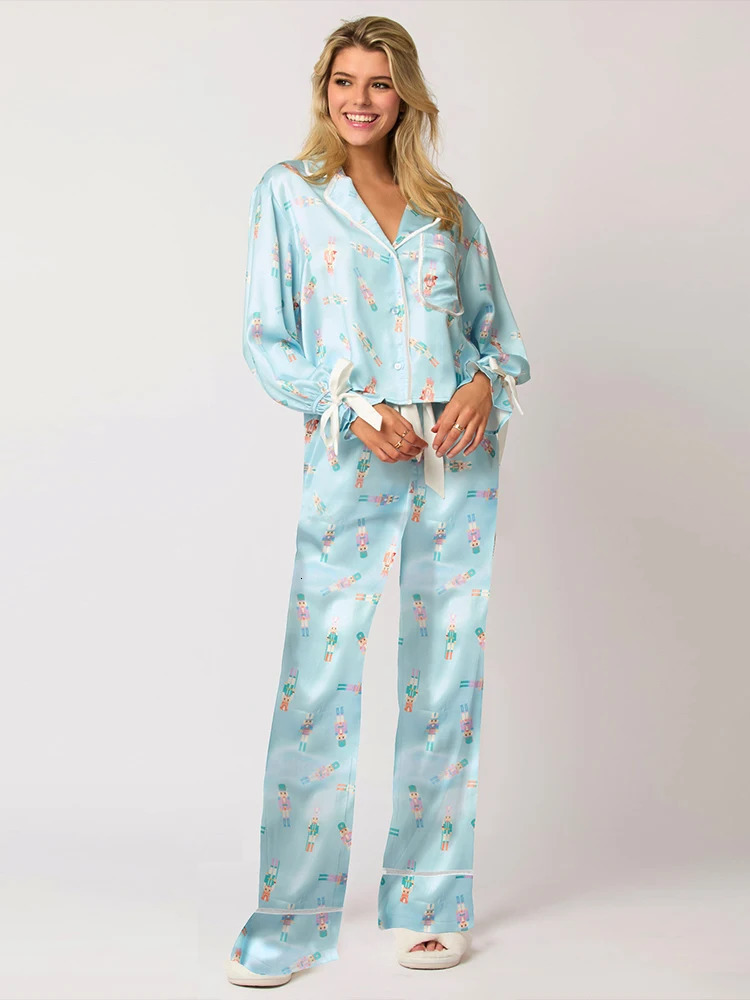 Leisure Y2K Pink Bow Womens Pajama Set 2-piece Long Cute Long Sleeve Matching Lounge Shirt Set 90S Santa Claus Pajama 241126