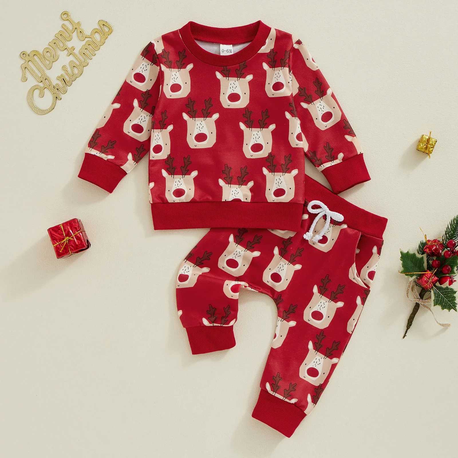 Clothing Sets Baby Cartoon Elk Print Long Sleeve Crew Neck Sweatshirt with Elastic Waist Sweatpants Christmas Costume for Girls Boys H241126