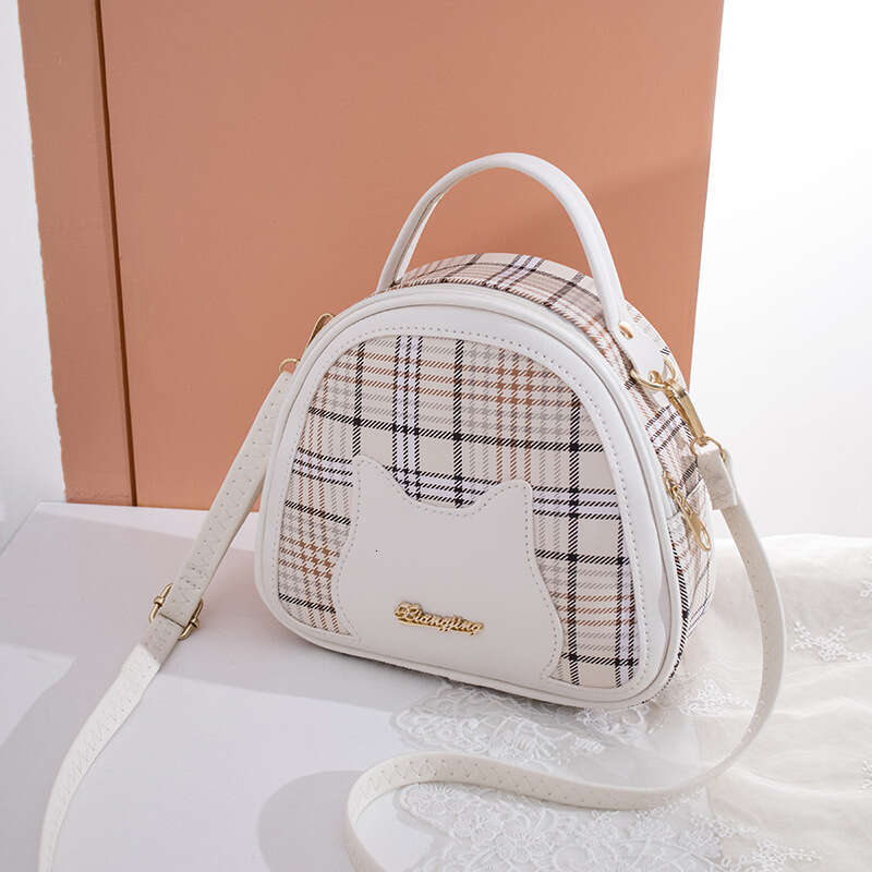 Ladies' 2024 new style plaid contrasting cat face letter label handbag shoulder casual phone gift bag