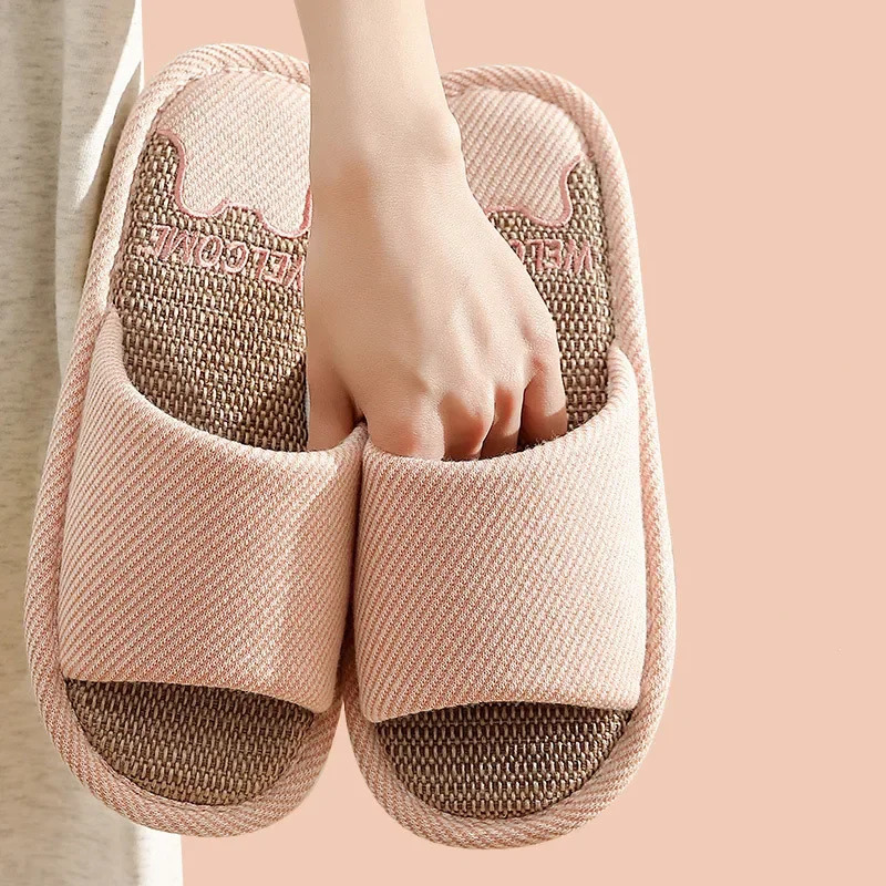 Linen slippers indoor breathable womens slippers linen couple anti slip shoes beach sandals comfortable apartment 241126