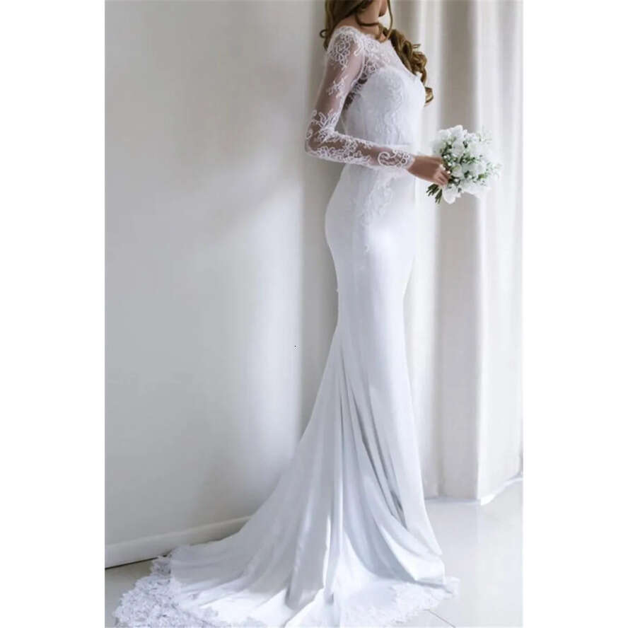 White Lace Mermaid Dresses 2020 Sheer Long Sleeves Satin Appliques Backless Vestido De Novia Plus Size Wedding Bridal Gowns
