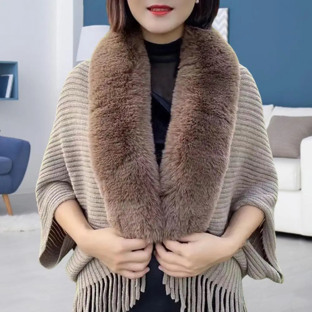 Women Winter Shawl Tassel Thicken Solid Color Cardigan Coat Knitted Artificial Rabbit Fur Elegant Banquet Ponchos 241112