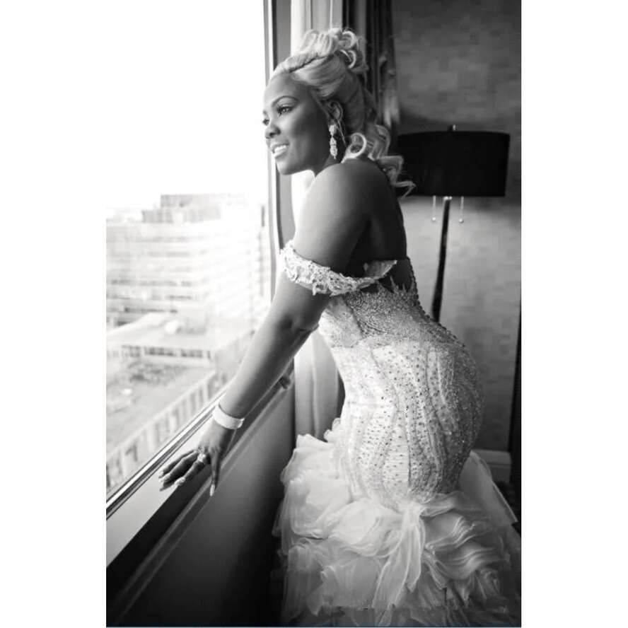 African Plus Size Mermaid Wedding Dresses 2020 Beads Sequins Sweetheart Off Shoulder Organza Ruffles Back Lace Up Custom Made Bridal Gowns
