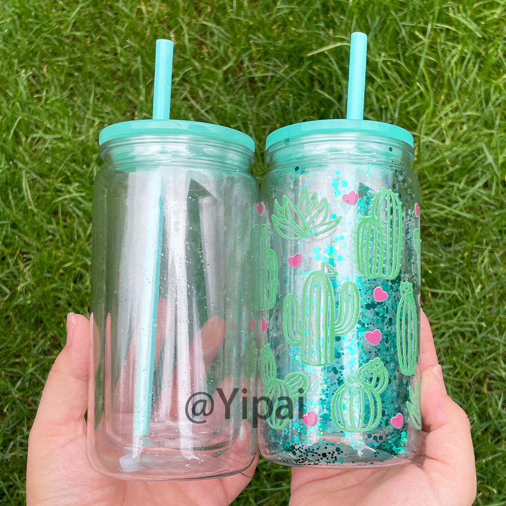 BPA free 12oz inner 16oz outer snow globe pre-drilled glitter plastic soda can USA warehouse double walled acrylic iced coffee cups with silicone plug