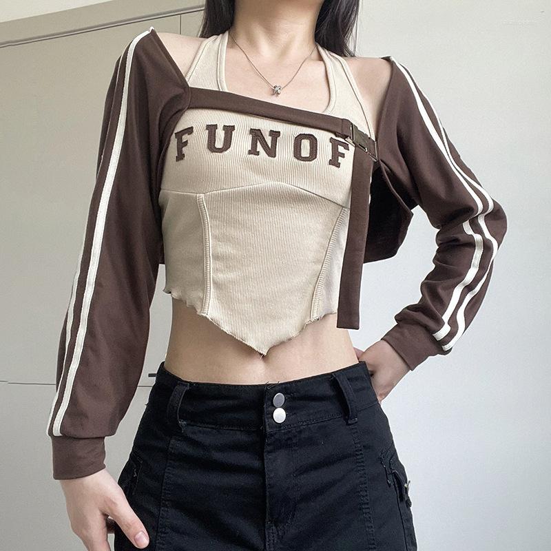 Womens T Shirts Letter Affixed Cloth Embroidered Asymmetrical Halterneck Vest Long-Sleeved Blouse Contrast Color Two-Piece Set 2024 Knitted