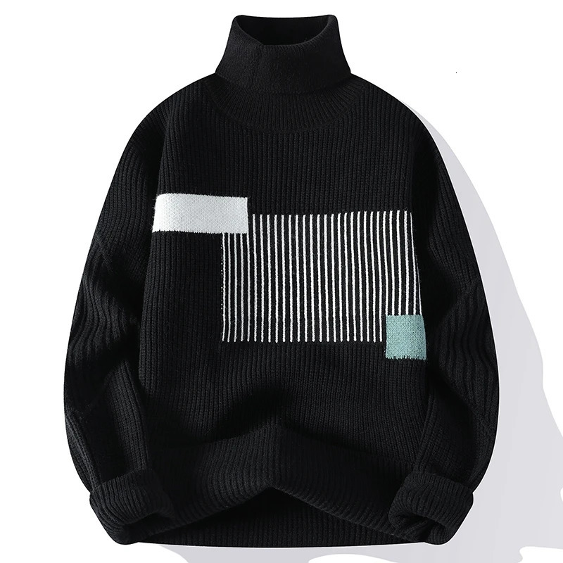 Autumn and Winter Fashion Turtle Neck Sweater Mens Patch Work Knitted Lanhua Korean Casual Sweater Loose Mens Warm Lanhua Knitted 241126