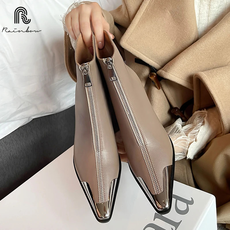 RAINBOW Size 34-39 Women Genuine Leather Ankle Chunky High Heel Pointed Toe Shoes Autumn Black Winter Boots Sexy Zippers