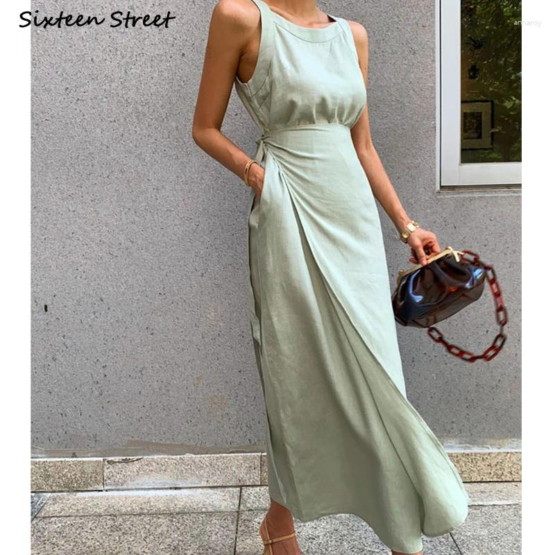 Casual Dresses Chic Green Dress For Women Lace-up Sleeveless 2024 Summer Elegance Vestido Clothing Business Korean Street Linen