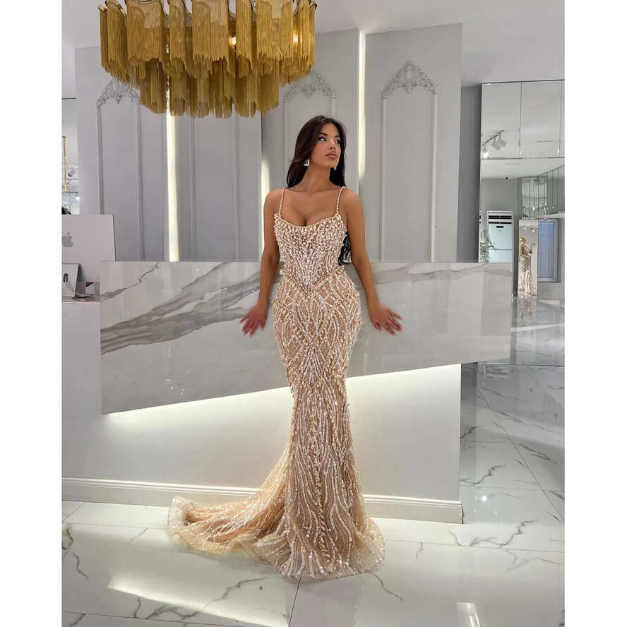 Champagne Mermaid Evening Dresses Pearls Straps Formal Prom Dress Beading Lace Dubai Arabic Red Carpet Gown Robe De Soiree