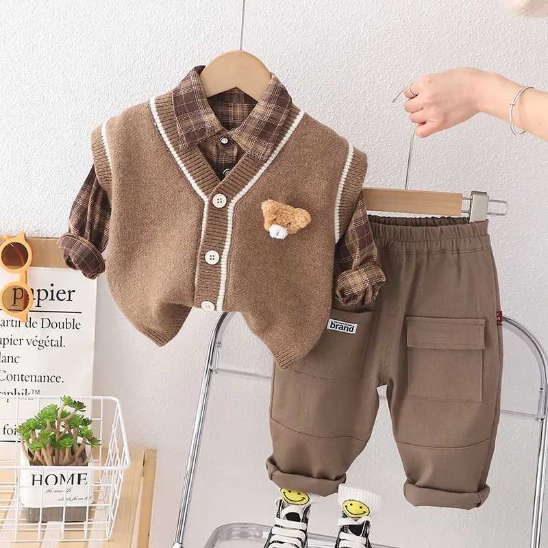 Clothing Sets Autumn Winter 3pcs Baby Knitted Sweater Vest Plaid Shirt Pants Set Childrens Cartoon Casual Suits Kids Comfortable Outfit 1-4Y H241126