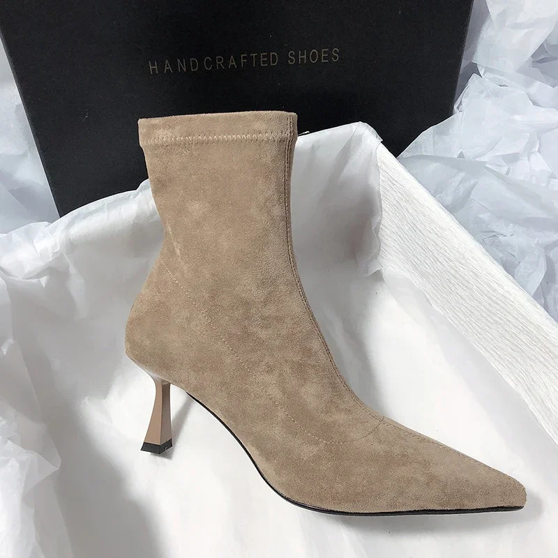 Pointed Toe Women Sock Short Boots Fashion Side Zippers Slim Ankle Booties Thin High Heel Autumn Winter Ladies Shoes 241114