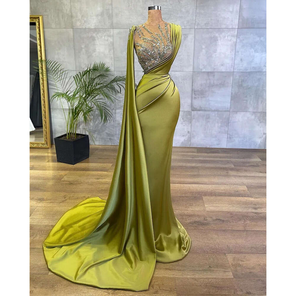 Satin Mermaid Lemon Green Arabic Evening Dresses Mesh Top Sequin Beads Ruched Formal Ocn Wear Gold Hunter Sheer Neck Sweep Train Robe De Soriee Bc