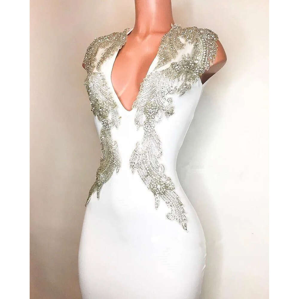 Tulle Mermaid White V Neck Long Beaded Stone Top Sweep Train Evening Party Dresses Prom Gowns Bc 6660306