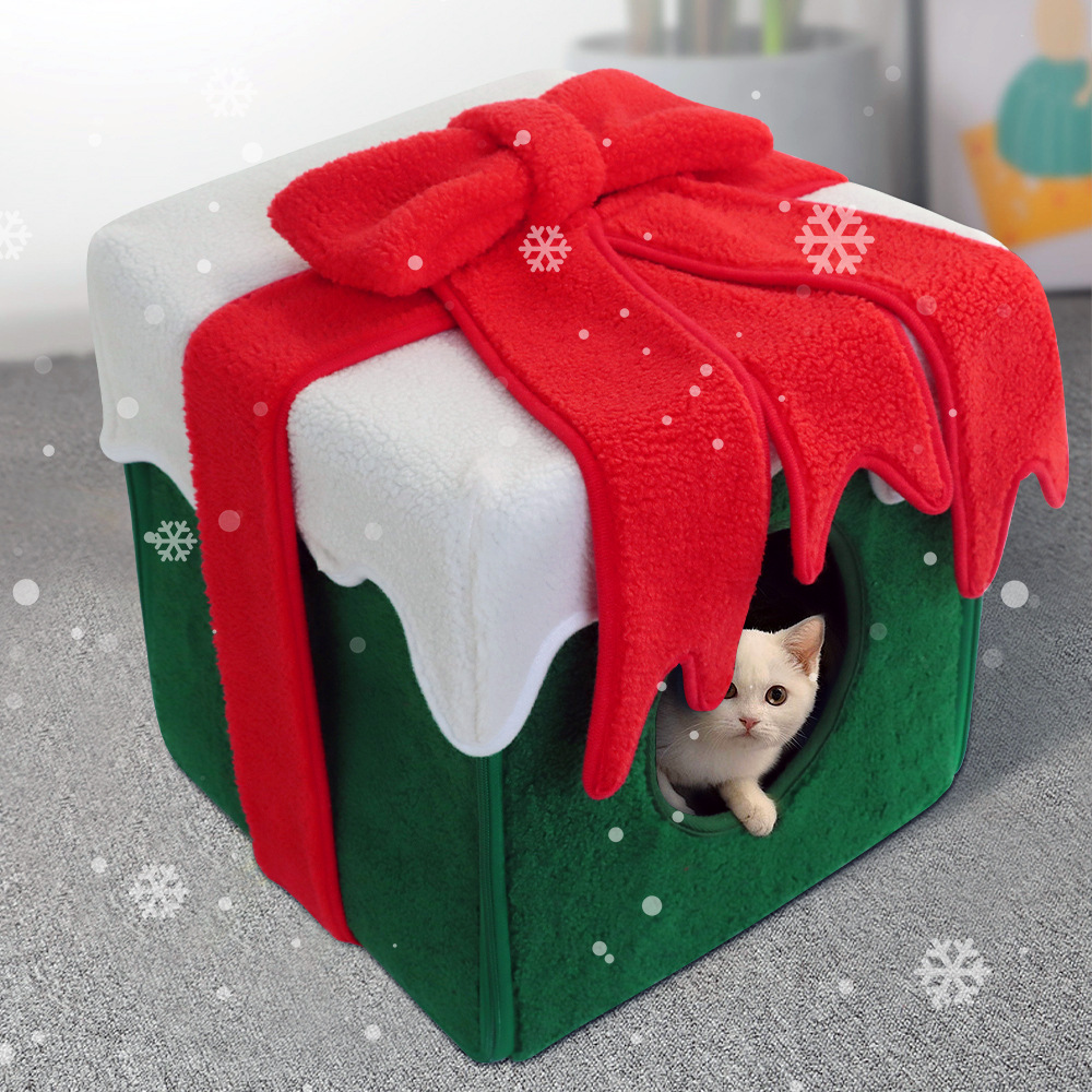 Christmas Gift Box Foldable Warm Indoor Cat Bed House