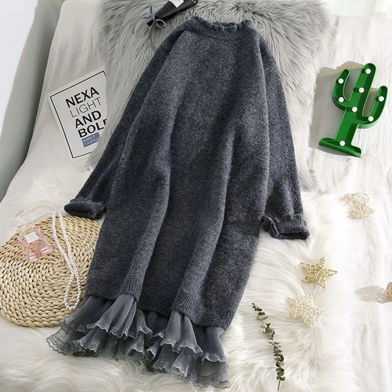Lace Patchwork Knitted Sweater Dress Women Autumn Winter Korean Half High Collar Thick Mid Solid Loose Versatile Pullover 241112