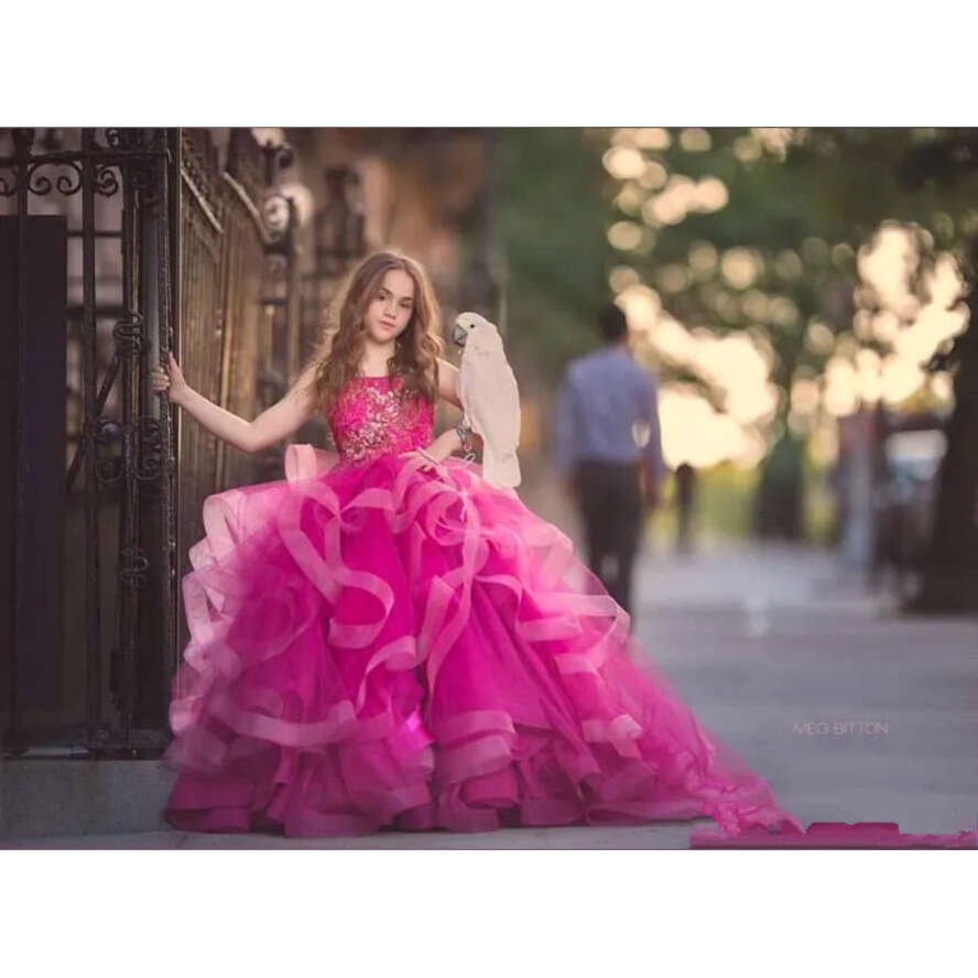 Fuia Spaghetti Straps Tulle Ball Wer Dresses Crystal Beaded Tiered Ruffles Girl Formal Party Birthday Pageant Gown Bc2871