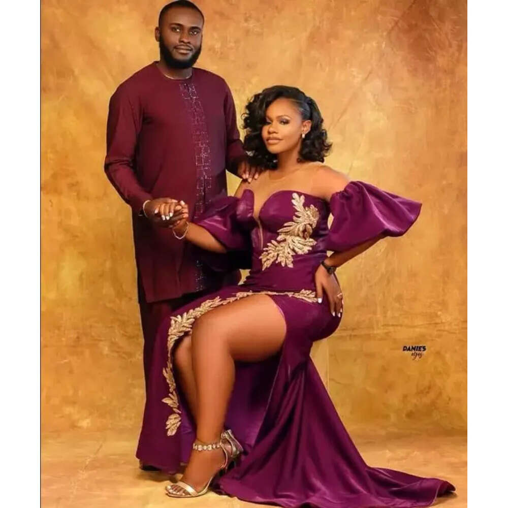 Arabic Aso Size Ebi Plus Purple Mermaid Sexy Prom Dresses Lace High Split Sheer Neck Evening Formal Party Second Reception Gowns