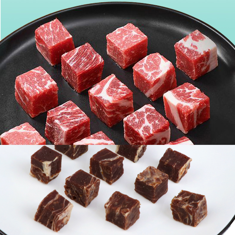 Wholesale pet dried snack dog food Dried beef cubes Dried sliced beef with snow flakes Dog treats Dog snacks