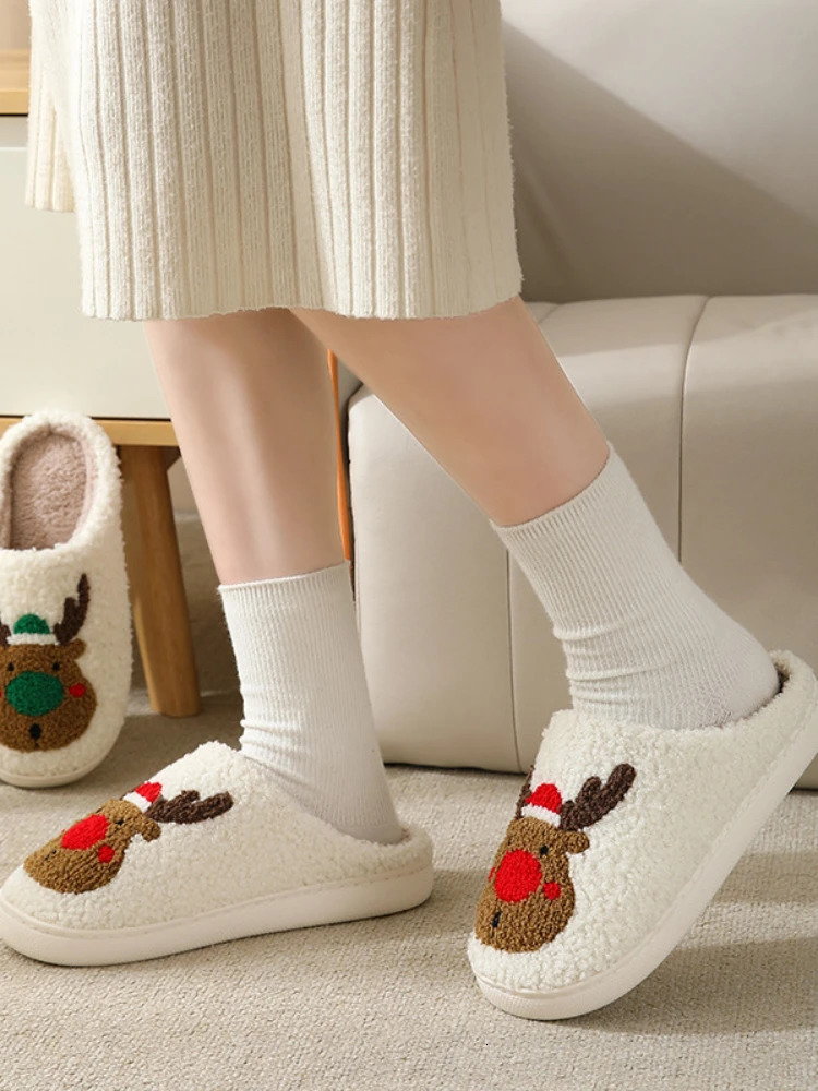 Christmas Elk Cotton Slippers for Women Men Winter Cute Cartoon Home Non Slip Couple Floor Slides Indoor Plush Shoes 20 241126
