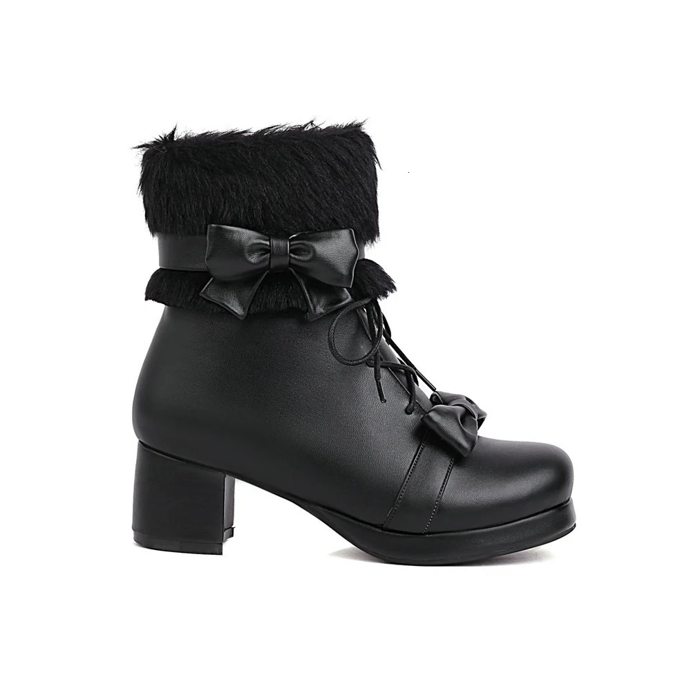 Pu winter Japanese Lolita boots fluffy round toe Kawaii anime cosplay womens shoes Lolita ankle boots Plus velvet warm Loli boots 241126