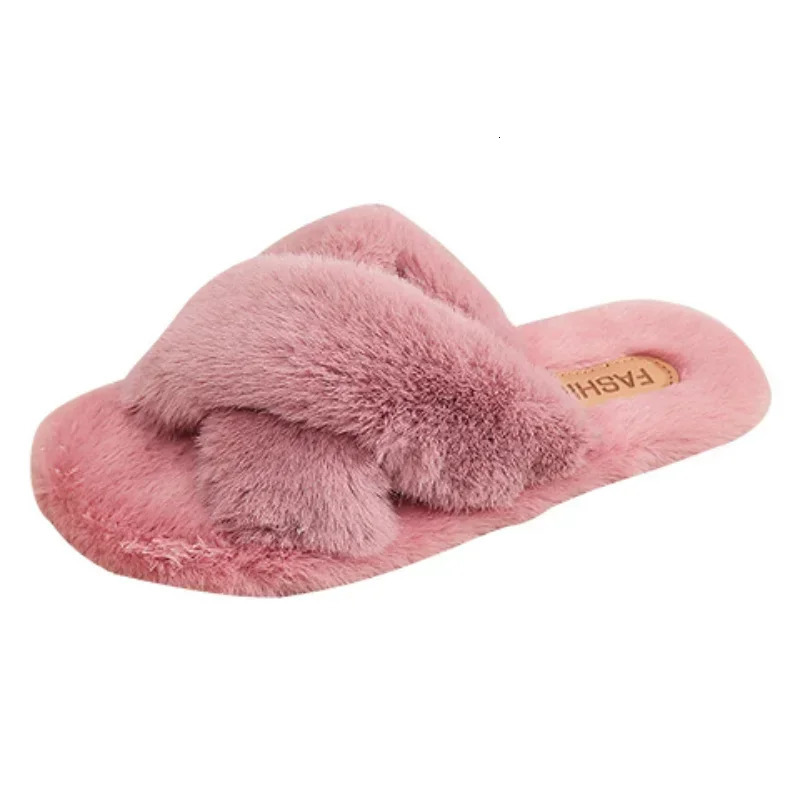 Womens fashionable warm fluffy slider comfortable artificial fur cross indoor floor slider soft fur womens celebrity flip cover 241126