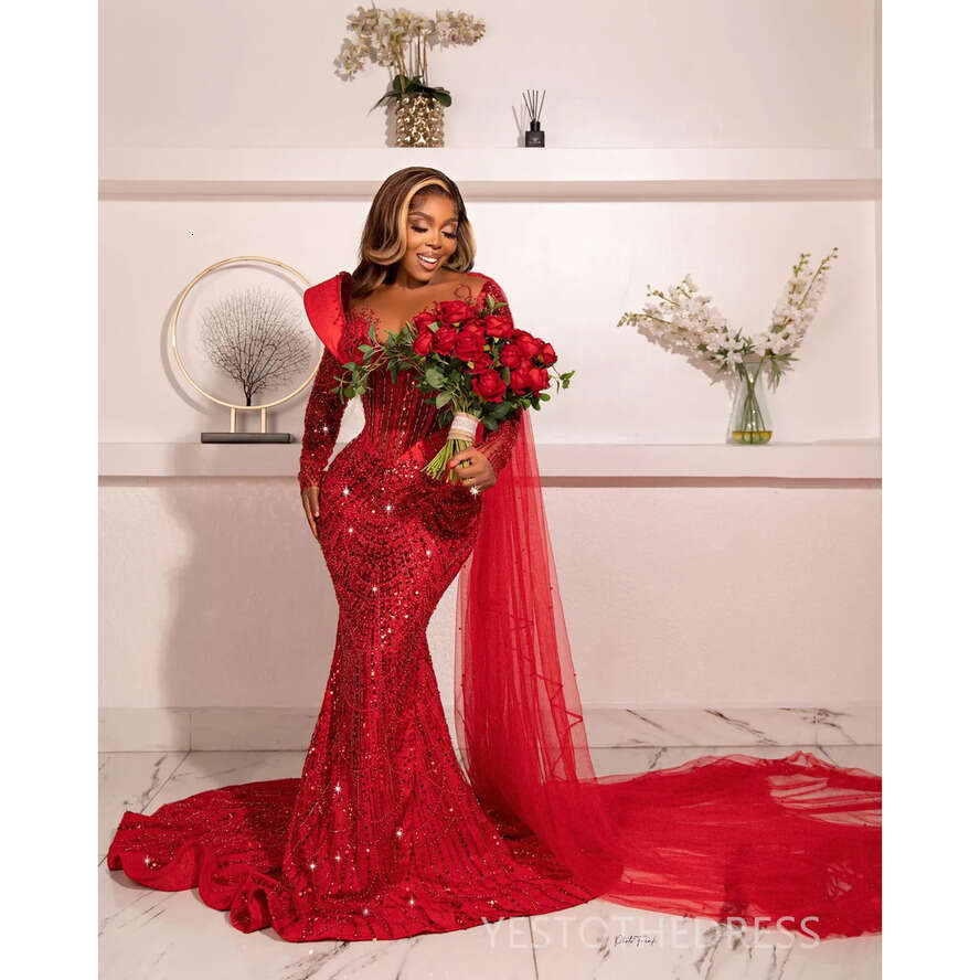 2024 Plus Size Red Prom Dresses Special Ocns Promdress Illusion Beaded Sequined Lace Birthday Party Dress Second Reception Gowns For Black Women