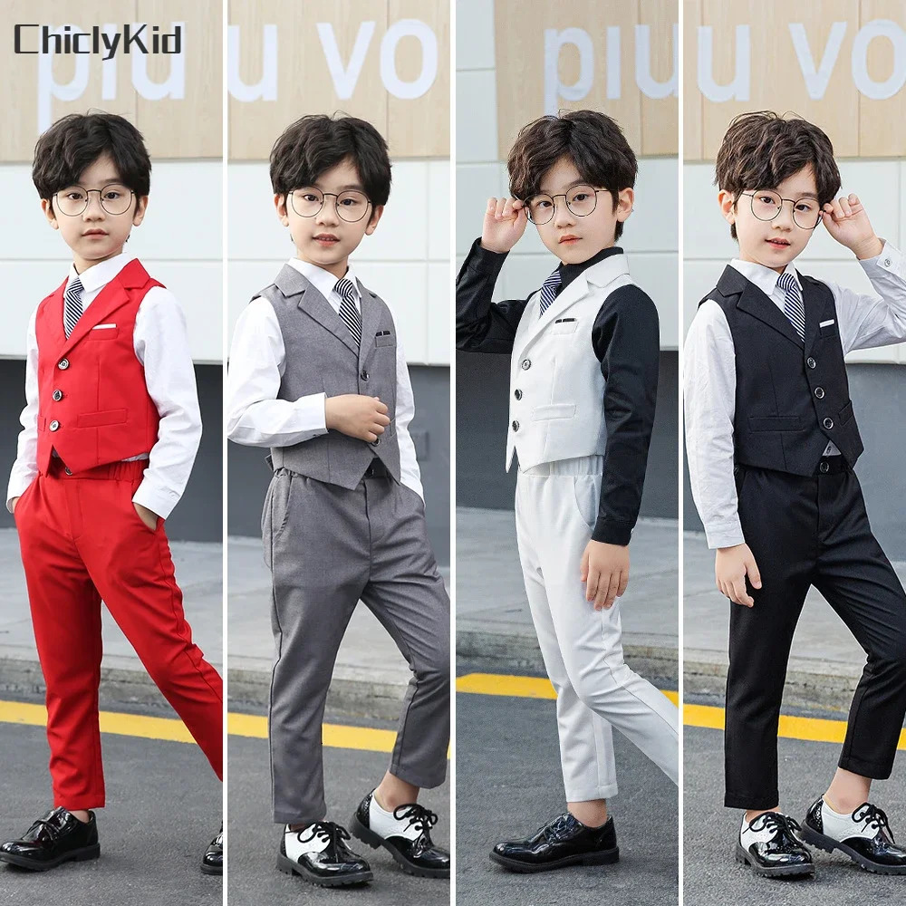 Boy Plaid Vest Blazer Kids Waistcoat Wedding Clothes Set Toddler Formal Dress Suit Child Brooch Shirt Pant Baby Gentlemen Outfit 241126
