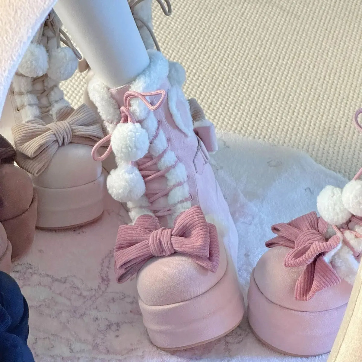 Lovely Girls Lolita Winter Mid-Calf Snow BootsCute Female Students Bowknots Lace Up Wedge Heel Plush Warm Heightening Shoes 241126