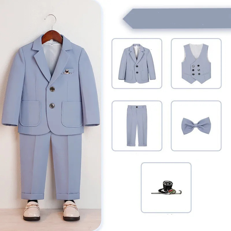 Baby Boys Suits for Weddings Kids Party School Uniforms Clothing Coat Vest Pants Bow Tie Brooch 5Pcs Fashion show costumes 241126