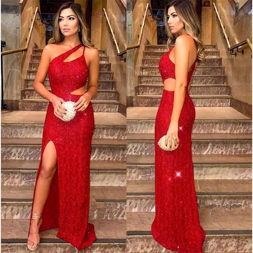 Red Sequins Mermaid Long Evening Gown with One Shoulder and Split Cut Away Sweep Train