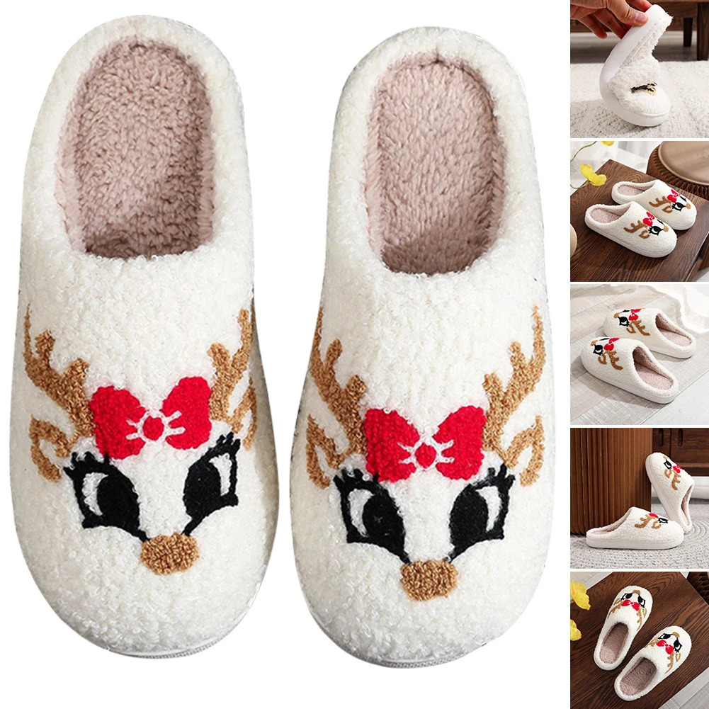Christmas slippers womens home fluffy flip cover winter womens indoor cute deer gingerbread mens warm house plush shoes 241126