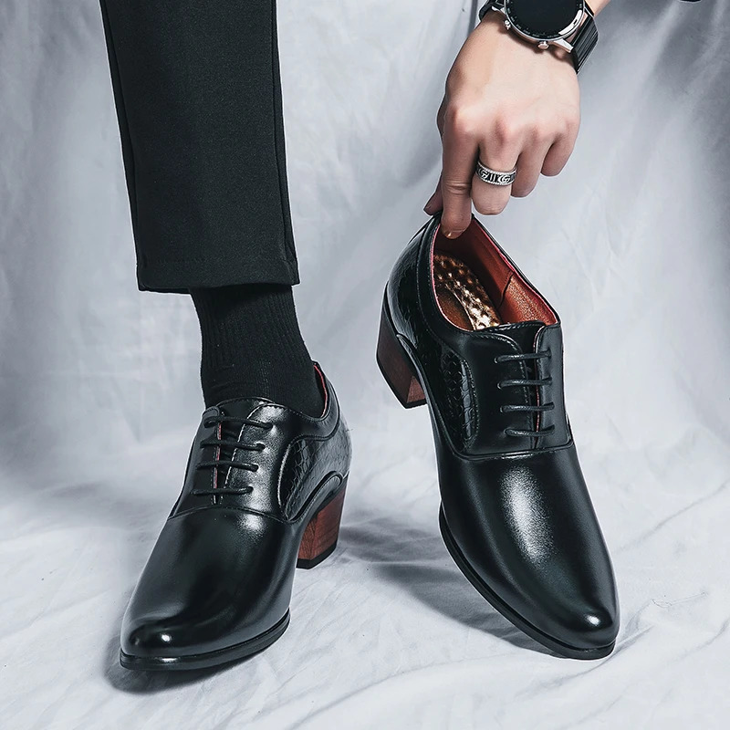 mens lace up Oxford shoes 2024 genuine leather high heels club classic pointed casual fashion shoes style 241126