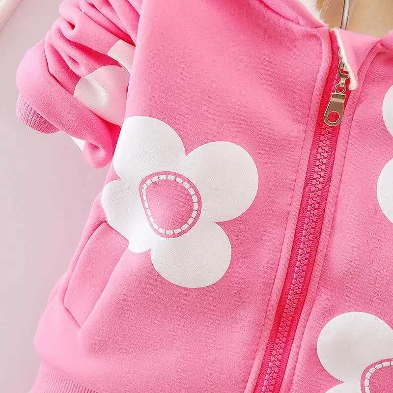 Clothing Sets Baby Girls Flower Cartoon Thickk Woolen Autumn Winter Hoodied Jacket Coat Pants Clothing Set Children Kids Warm Clothes Suits H241126