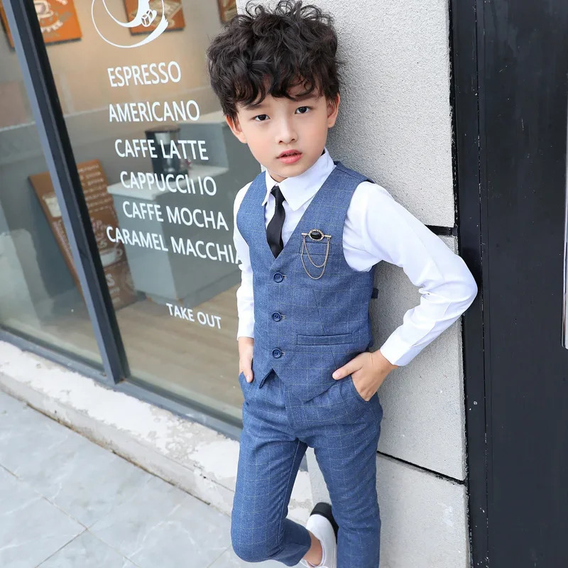 Boy Plaid Vest Blazer Kids Waistcoat Wedding Clothes Set Toddler Formal Dress Suit Child Brooch Shirt Pant Baby Gentlemen Outfit 241126