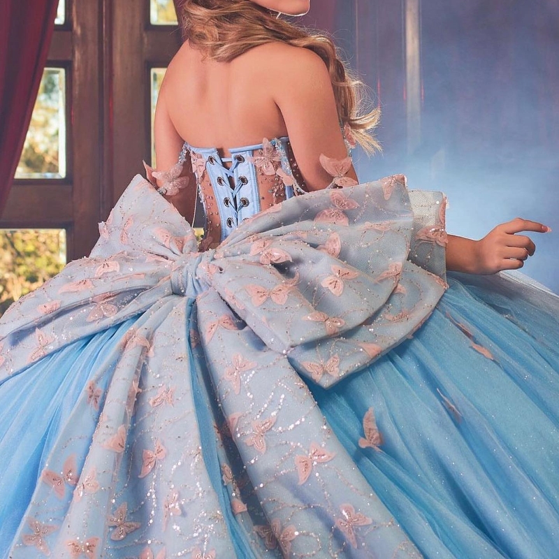 Sky Blue Off The Shoulder Ball Gown Quinceanera Dresses Bow Beads Tull Vestidos De 15 Anos Corset Dress For 16th Birthday