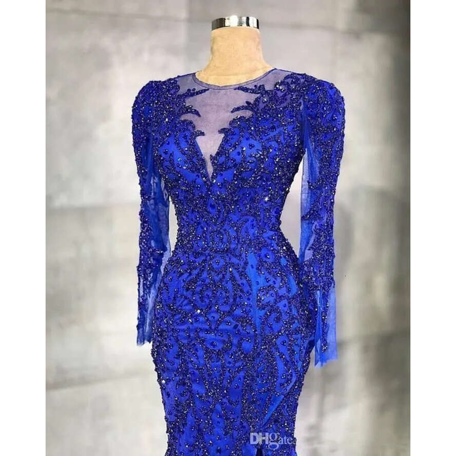 Blue Royal Mermaid Evening Beaded Crystals Sheer Neck Arabic Aso Ebi Party Gowns Formal Prom Dresses Wear Bc