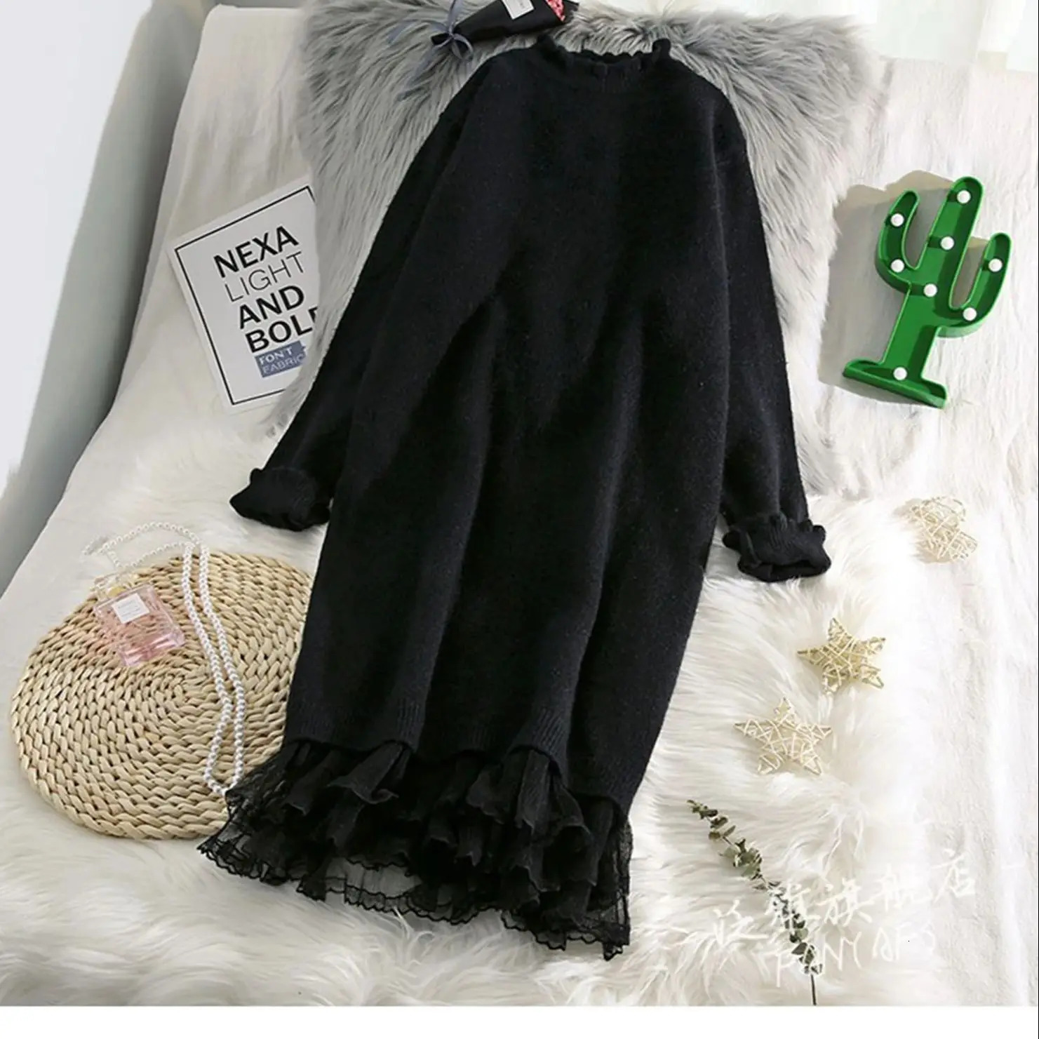 Lace Patchwork Knitted Sweater Dress Women Autumn Winter Korean Half High Collar Thick Mid Solid Loose Versatile Pullover 241112