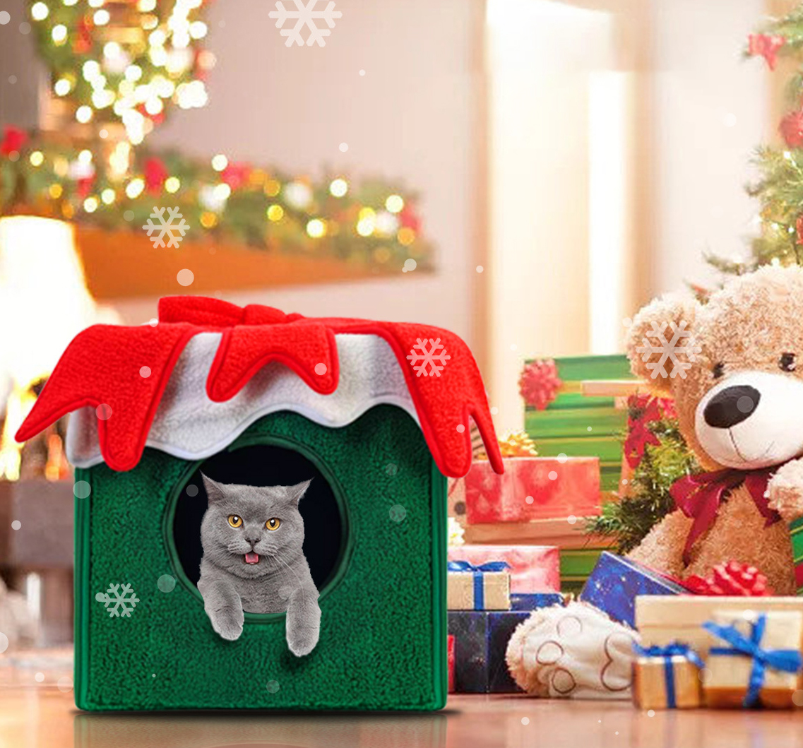 Christmas Gift Box Foldable Warm Indoor Cat Bed House