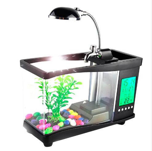 USB acrylic mini fish tank aquarium led lighting light with alarm clock for living room bedroom desk decoration accessories